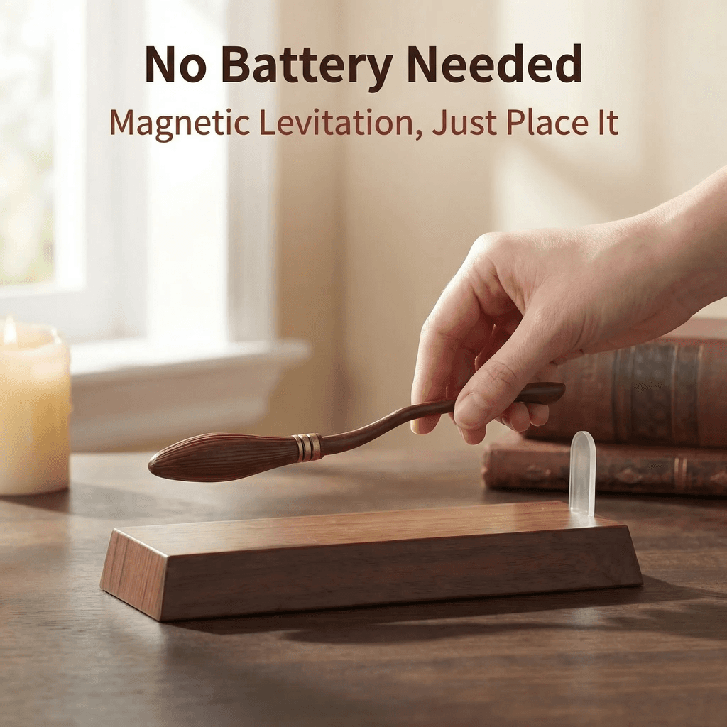 Lifting the broom pen off its levitating base — it's a real ballpoint