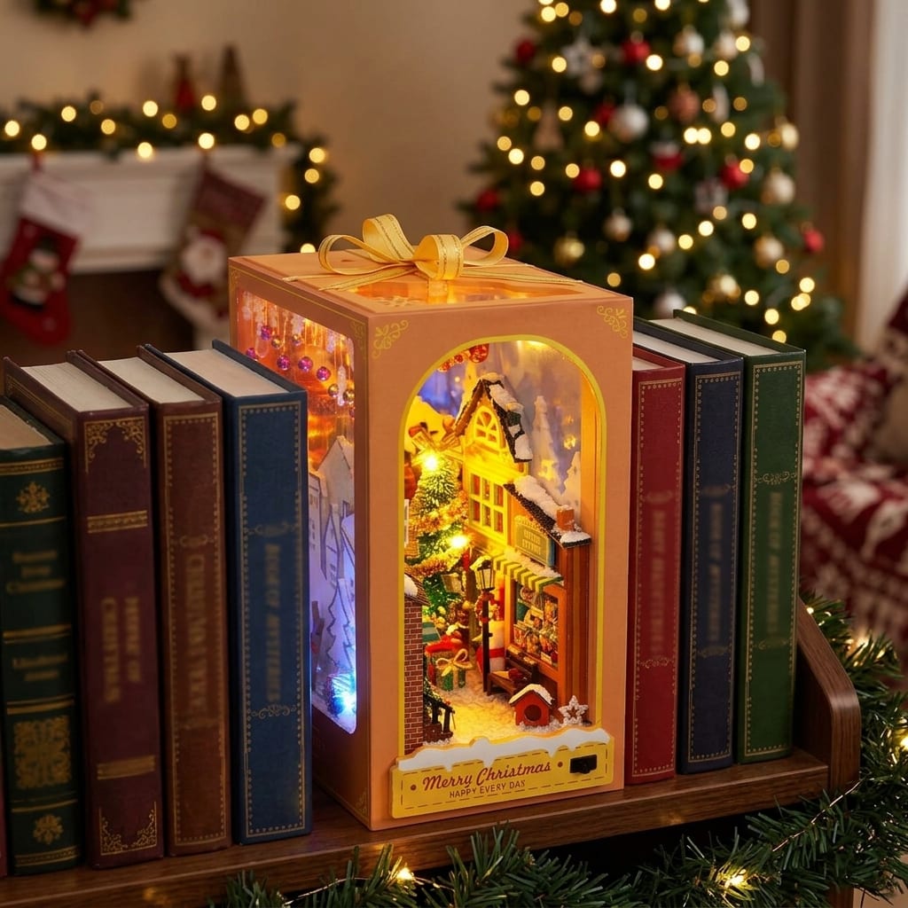 The Christmas Village glowing between books on a shelf by the tree